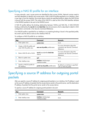 Page 1819 154 
Specifying a NAS ID profile for an interface 
In some networks, users access points are identified by their access VLANs. Network carriers need to 
use NAS-identifiers to identify user access points. With a NAS ID profile specified on an interface, when 
a user logs in from the interface, the access device checks the specified profile to obtain the NAS ID that 
is bound with the access VLAN. The value of this NAS ID is used as that of the NAS-identifier attribute 
in the RADIUS packets to be sent...