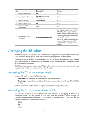 Page 18317 
Step Command Remarks 
7.  Return to system view. 
quit  N/A 
8.  Enter physical IRF port view.  interface 
interface-type 
interface-number   N/A 
9.
  Bring up the port. 
undo shutdown  N/A 
10. Return to system view. 
quit  N/A 
11. Save the running 
configuration.  save 
N/A 
12. Activate the IRF port 
configuration.  irf-port-configuration active  After this step is performed, the state 
of the IRF port changes to UP, the 
member switches automatically elects 
a master, and the subordinate switch...
