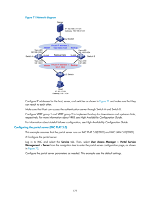 Page 1842 177 
Figure 71 Network diagram 
 
 
Configure IP addresses for the host, server, and switches as shown in  Figure 71 and mak e sure that they 
can reach to each other. 
Make sure that Host can access the authentication server through Switch A and Switch B. 
Configure VRRP group 1 and VRRP group 2 to implement backup for downstream and upstream links, 
respectively. For more information about VRRP, see  High Availability Configuration Guide. 
For information about stateful failover configuration, see...