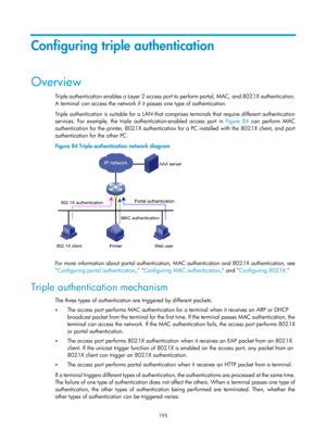 Page 1860 195 
Configuring triple authentication 
Overview 
Triple authentication enables a Layer 2 access port to perform portal, MAC, and 802.1X authentication. 
A terminal can access the network if it passes one type of authentication.  
Triple authentication is suitable for a LAN that comprises terminals that require different authentication 
services. For example, the triple authentication-enabled access port in  Figure 84 ca
 n perform MAC 
authentication for the printer, 802.1X authentication for a PC...