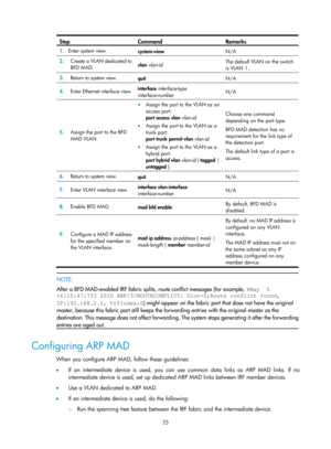 Page 19125 
Step Command Remarks 
1.  Enter system view. 
system-view  N/A 
2.  Create a VLAN dedicated to 
BFD MAD.  vlan
 vlan-id   The default VLAN on the switch 
is VLAN 1. 
3.
  Return to system view. 
quit  N/A 
4.  Enter Ethernet interface view.  interface 
interface-type 
interface-number   N/A 
5.
  Assign the port to the BFD 
MAD VLAN. 
• Assign the port to the VLAN as an 
access port:  
port access vlan  vlan-id  
• Assign the port to the VLAN as a 
trunk port:   
port trunk permit vlan  vlan-id 
•...