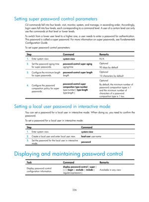 Page 1901 236 
Setting super password control parameters 
CLI commands fall into four levels: visit, monitor, system, and manage, in ascending order. Accordingly, 
login users fall into four levels, each corresponding to a command level. A user of a certain level can only 
use the commands at that level or lower levels.  
To switch from a lower user level to a higher one, a user needs to enter a password for authentication. 
This password is called a super password. For more information on super passwords, see...
