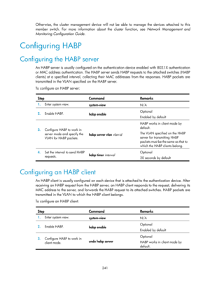 Page 1906 241 
Otherwise, the cluster management device will not be able to manage the devices attached to this 
member switch. For more information about the cluster function, see  Network Management and 
Monitoring Configuration Guide . 
Configuring HABP 
Configuring the HABP server 
An HABP server is usually configured on the authentication device enabled with 802.1X authentication 
or MAC address authentication. The HABP server sends HABP requests to the attached switches (HABP 
clients) at a specified...