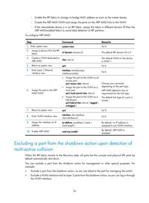 Page 19226 
{ Enable the IRF fabric to change its bridge MAC address as soon as the master leaves. 
{ Create the ARP MAD VLAN and assign the ports on the ARP MAD links to the VLAN.  
{ If the intermediate device is in an IRF fabric, as sign this fabric a different domain ID than the 
ARP MAD-enabled fabric to avoid false detection of IRF partition. 
To  c o n fig u re  A R P  M A D : 
 
Step Command Remarks 
1.   Enter system view. 
system-view  N/A 
2.  Assign a domain ID to the IRF 
fabric.  irf domain...