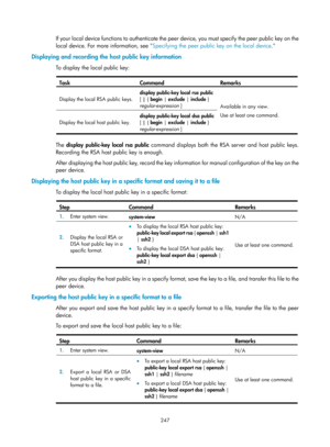 Page 1912 247 
If your local device functions to authenticate the peer device, you must specify the peer public key on the 
local device. For more information, see Specifying the peer public key on the local device .
  
Displaying and recording the host public key information 
To display the local public key:  
Task Command Remarks 
Display the local RSA public keys. display public-key local
 rsa  public  
[ |  { begin |  exclude | include } 
regular-expression  ] 
Available in any view. 
Use at least one...