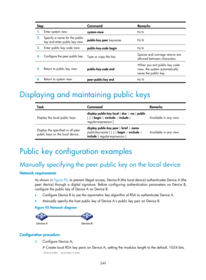 Page 1914 249 
Step Command Remarks 
1.  Enter system view. 
system-view  N/A 
2.  Specify a name for the public 
key and enter public key view.  public-key peer 
keyname N/A 
3.  Enter public key code view. 
public-key-code begin  N/A 
4.  Configure the peer public key. 
Type or copy the key  Spaces and carriage returns are 
allowed between characters. 
5.
  Return to public key view. 
public-key-code end  When you exit public key code 
view, the system automatically 
saves the public key. 
6.
  Return to system...