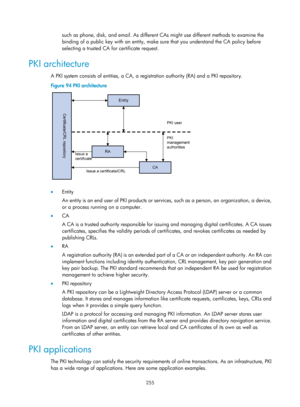 Page 1920 255 
such as phone, disk, and email. As different CAs might use different methods to examine the 
binding of a public key with an entity, make su re that you understand the CA policy before 
selecting a trusted CA fo r certificate request. 
PKI architecture 
A PKI system consists of entities, a CA, a regi stration authority (RA) and a PKI repository. 
Figure 94  PKI architecture 
 
 
•  Entity 
An entity is an end user of PKI products or serv ices, such as a person, an organization, a device, 
or a...