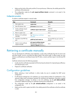 Page 1926 261 
•  Make sure the clocks of the entity and the CA are synchronous. Otherwise, the validity period of the 
certificate will be abnormal. 
•   The configuration made by the  pki request-certificate domain command is not saved in the 
configuration file. 
Configuration procedure 
To submit a certificate request in manual mode:  
Step Command Remarks 
1.   Enter system view. 
system-view  N/A 
2.  Enter PKI domain view. 
pki domain domain-name  N/A 
3.  Set the certificate request 
mode to manual....