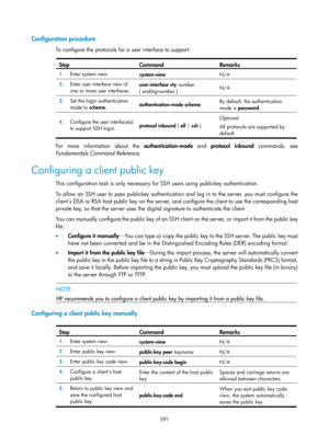 Page 1956 291 
Configuration procedure 
To configure the protocols for a user interface to support:  
Step Command Remarks 
1.  Enter system view. 
system-view  N/A 
2.  Enter user interface view of 
one or more user interfaces.  user-interface 
vty number  
[ ending-number ]   N/A 
3.
  Set the login authentication 
mode to  scheme.  authentication-mode
 scheme   By default, the authentication 
mode is 
password .  
4.  Configure the user interface(s) 
to support SSH login.  protocol inbound 
{ all  | ssh }...