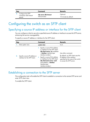 Page 1976 311 
Step Command Remarks 
2.  Configure the SFTP 
connection idle timeout 
period.  sftp server idle-timeout 
time-out-value
  Optional. 
10 minutes by default. 
 
Configuring the switch as an SFTP client 
Specifying a source IP address or interface for the SFTP client 
You can configure a client to use only a specified source IP address or interface to access the SFTP server, 
enhancing the service manageability.   
To specify a source IP address or interface for the SFTP client: 
 
Step Command...