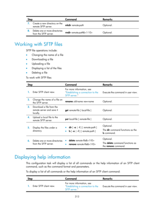 Page 1978 313 
Step Command Remarks 
7.  Create a new directory on the 
remote SFTP server.  mkdir
 remote-path  Optional. 
8.  Delete one or more directories 
from the SFTP server.  rmdir 
remote-path &  Optional. 
 
Working with SFTP files 
SFTP file operations include: 
•  Changing the name of a file 
•   Downloading a file 
•   Uploading a file 
•   Displaying a list of the files 
•   Deleting a file 
To work with SFTP files: 
 
Step Command Remarks 
1.   Enter SFTP client view.  For more information, see...