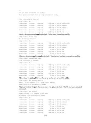 Page 1982 317 
/z 
Are you sure to delete it? [Y/N]:y 
This operation might take a long time.Please wait... 
 
File successfully Removed 
sftp-client> dir 
-rwxrwxrwx   1 noone    nogroup      1759 Aug 23 06:52 config.cfg 
-rwxrwxrwx   1 noone    nogroup       225 Aug 24 08:01 pubkey2 
-rwxrwxrwx   1 noone    nogroup       283 Aug 24 07:39 pubkey 
drwxrwxrwx   1 noone    nogroup         0 Sep 01 06:22 new 
-rwxrwxrwx   1 noone    nogroup       225 Sep 01 06:55 pub 
# Add a directory named new1 and check if it has...