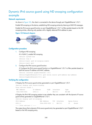 Page 2013 348 
Dynamic IPv6 source guard using ND snooping configuration 
example 
Network requirements 
As shown in  Figure 125, the c lient is connected to the device through port GigabitEthernet 1/0/1. 
Enable ND snooping on the device, establishing ND snooping entries by listening to DAD NS messages. 
Enable the IPv6 source guard function on port GigabitEthernet 1/0/1 to filter packets based on the ND 
snooping entries, allowing only packets with  a legally obtained IPv6 address to pass.  
Figure 125  Network...