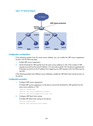 Page 2019 354 
Figure 127  Network diagram 
 
 
Configuration considerations 
If the attacking packets have the same source address, you can enable the ARP source suppression 
function with the following steps:  
1. Enable ARP source suppression. 
2. Set the threshold for ARP packets from the same  source address to 100. If the number of ARP 
requests sourced from the same  IP address in five seconds exceed s 100, the device suppresses the 
IP packets sourced from this IP address from triggering any ARP requests...