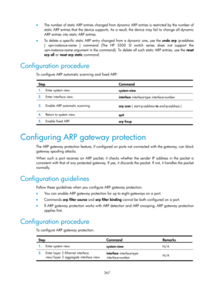 Page 2032 367 
•  The number of static ARP entries changed from dynamic ARP entries is restricted by the number of 
static ARP entries that the device supports. As a  result, the device may fail to change all dynamic 
ARP entries into static ARP entries. 
•   To delete a specific static ARP entry changed from a dynamic one, use the  undo arp ip-address  
[  vpn-instance-name  ] command (The HP 5500 SI switch series does not support the 
vpn-instance-name  argument in the command). To delete all such static ARP...