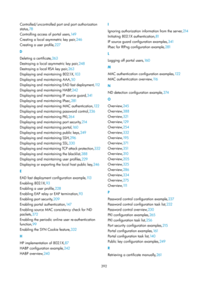 Page 2057 392 
Controlled/uncontrolled port and port authorization 
status,78 
C

ontrolling access of portal users, 14 9 
Cr

eating a local asymmetric key pair, 246 
Cr

eating a user profile, 227 
D 
D

eleting a certificate, 263 
D

estroying a local asymmetric key pair, 248 
D

estroying a local RSA key pair, 263 
Displa

ying and maintaining 802.1X, 10 3 
Dis

playing and maintaining AAA, 50 
Displa

ying and maintaining EAD fast deployment, 112  
Displa

ying and maintaining HABP, 242 
Displa

ying and...