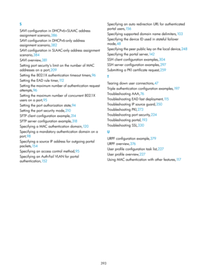 Page 2058 393 
S 
SAVI configuration in DHCPv6+SLAAC address 
assignment scenario,386 
S

AVI configuration in DHCPv6-only address 
assignment scenario, 382 
S

AVI configuration in SLAAC-only address assignment 
scenario, 384 
SA

VI over view, 381 
S

etting port securitys limit on the number of MAC 
addresses on a port, 209 
S

etting the 802.1X authentication timeout timers, 96 
S

etting the EAD rule timer, 112  
S

etting the maximum number of authentication request 
attempts, 96 
S

etting the maximum...