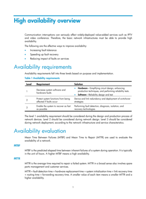 Page 20641 
High availability overview 
Communication interruptions can seriously affect widely-deployed value-added services such as IPTV 
and video conference. Therefore, the basic network infrastructures must be able to provide high 
availability. 
The following are the effective ways to improve availability: 
•  Increasing fault tolerance  
•   Speeding up fault recovery  
•   Reducing impact of faults on services 
Availability requirements 
Availability requirements fall into three  levels based on purpose...