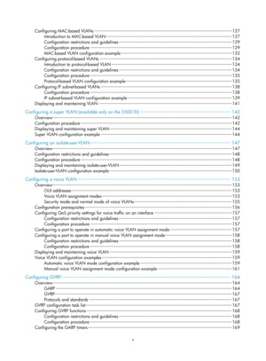 Page 208v 
Configuring MAC-based VLANs ··················\
··················\
··················\
··················\
··················\
········· ··················\
··········· 127 
Introduction to MAC-based VLAN ··················\
··················\
··················\
··················\
··················\
······ ··················\
··· 127 
Configuration restrictio ns and guidelines ··················\
··················\
··················\
··················\
············· ··················\
·· 129...