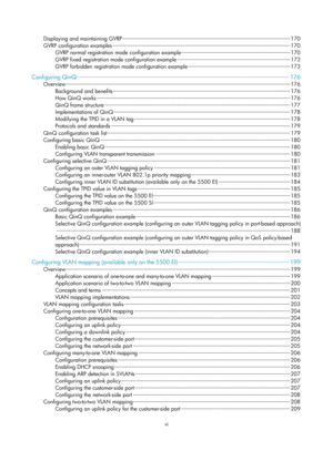 Page 209vi 
Displaying and maintaining GVRP ··················\
··················\
··················\
··················\
··················\
··················\
·················  170 
GVRP configuration examples ··················\
··················\
··················\
··················\
··················\
········· ··················\
··············· 170 
GVRP normal registration mode configuration example  ··················\
··················\
··················\
··················\
········· 170...