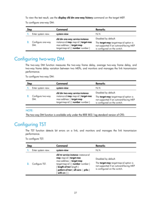 Page 2090 27 
To view the test result, use the display cfd dm one-way history command on the target MEP.  
To configure one-way DM: 
 
Step Command Remarks 
1.   Enter system view. 
system-view  N/A 
2.  Configure one-way 
DM.  cfd dm one-way service-instance 
instance-id
 mep mep-id  { target-mac 
mac-address |  target-mep 
target-mep-id  } [ number number ]  Disabled by default. 
The 
target-mep  target-mep-id  option is 
not supported if an outward-facing MEP 
is configured on the switch.  
 
Configuring...