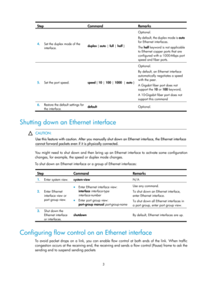 Page 2143 
Step Command Remarks 
4.  Set the duplex mode of the 
interface.  duplex
 { auto | full |  half }  Optional. 
By default, 
the duplex mode is  auto 
for Ethernet interfaces. 
The  half keyword is not applicable 
to Ethernet copper ports that are 
configured with a 1000-Mbps port 
speed and fiber ports. 
5.   Set the port speed. 
speed { 10 | 100  | 1000   | auto  } 
Optional. 
By default, an Ethernet interface 
automatically negotiates a speed 
with the peer. 
A Gigabit fiber port does not 
support...