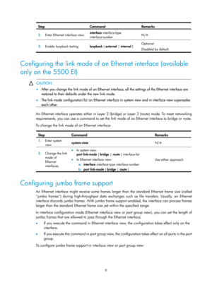 Page 2176 
Step Command Remarks 
2.  Enter Ethernet interface view.  interface 
interface-type 
interface-number   N/A 
3.
  Enable loopback testing.  loopback { external |  internal }  Optional. 
Disabled by default. 
 
Configuring the link mode of an Ethernet interface (available 
only on the 5500 EI) 
 
 
CAUTION: 
•
  After you change the link mode of an Ethernet interface, all the settings of the Ethernet interface are 
restored to their defaults under the new link mode. 
•   The link mode configuration for...