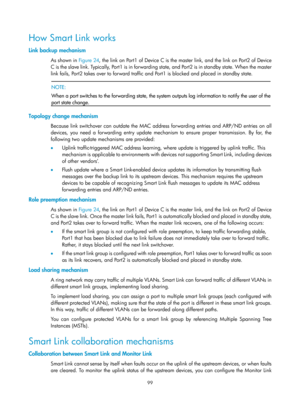 Page 2162 99 
How Smart Link works 
Link backup mechanism 
As shown in Figure 24, the link on Port1 of Device C is the master link, and the link on Port2 of Device 
C is the slave link. Typically, Port1 is in forwarding  state, and Port2 is in standby state. When the master 
link fails, Port2 takes over to forward traffic an d Port1 is blocked and placed in standby state.  
 
 NOTE:  
When a port switches to the forwarding state, the system outputs log information to notify the user of the
port state change....