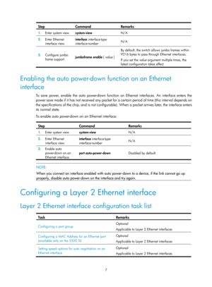 Page 2187 
Step Command Remarks 
1.  Enter system view.  system-view  N/A 
2.  Enter Ethernet 
interface view.  interface
 interface-type 
interface-number  N/A
 
3.  Configure jumbo 
frame support.  jumboframe enable 
[ value ] By default, the switch allows jumbo frames within 
9216 bytes to pass through Ethernet interfaces. 
If you set the 
value argument multiple times, the 
latest configuration takes effect. 
 
Enabling the auto power-down function on an Ethernet 
interface 
To save power, enable the auto...