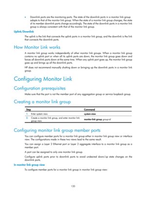 Page 2183 120 
•  Downlink ports are the monitoring  ports. The state of the downlink ports in a monitor link group 
adapts to that of the monitor link group. When th e state of a monitor link group changes, the state 
of its member downlink ports change accordingly. The state of the downlink  ports in a monitor link 
group is always consistent with that of the monitor link group. 
Uplink/Downlink 
The uplink is the link that connects the uplink ports in  a monitor link group, and the downlink is the link 
that...