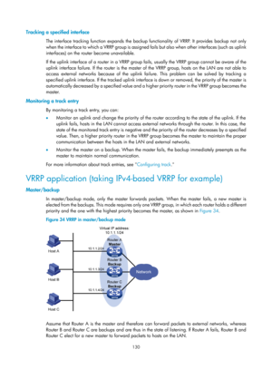 Page 2193 130 
Tracking a specified interface 
The interface tracking function expands the backup functionality of VRRP. It provides backup not only 
when the interface to which a VRRP group is assigned fails but also when other interfaces (such as uplink 
interfaces) on the router become unavailable.  
If the uplink interface of a router in a VRRP group fails, usually the VRRP group cannot be aware of the 
uplink interface failure. If the router is the master of the VRRP group, hosts on the LAN are not able to...