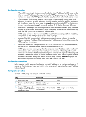 Page 2202 139 
Configuration guidelines 
•  When VRRP is operating in standard protocol mode, the virtual IP address of a VRRP group can be 
either an unused IP address on the segment where the VRRP group resides or the IP address of an 
interface on a router in the VRRP group. In the latt er case, the router is called the IP address owner.  
•   When a router is the IP address owner in a VRRP group, HP recommends you not to use the IP 
address of the interface (virtual IP address of the VRRP group) to establish...