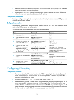 Page 2209 146 
•  If the state of a tracked interface  changes from down or removed to up, the priority of the router that 
owns the interface is automatically restored. 
•   If the state of a track entry changes from negative or invalid to positive, the priority of the router 
where the track entry is configured is automatically restored. 
Configuration prerequisites 
Before you configure router priority, preemptive mode and tracking function, create a VRRP group and 
configure its virtual IPv6 address....