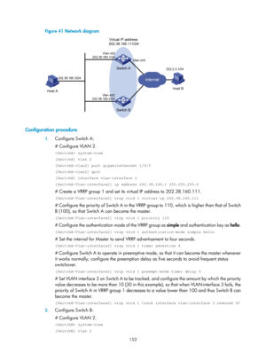 Page 2215 152 
Figure 41 Network diagram 
 
 
Configuration procedure 
1. Configure Switch A: 
# Configure VLAN 2. 
 system-view 
[SwitchA] vlan 2 
[SwitchA-vlan2] port gigabitethernet 1/0/5 
[SwitchA-vlan2] quit 
[SwitchA] interface vlan-interface 2 
[SwitchA-Vlan-interface2] ip address 202.38.160.1 255.255.255.0 
# Create a VRRP group 1 and set its virtual IP address to 202.38.160.111. 
[SwitchA-Vlan-interface2] vrrp vrid 1 virtual-ip 202.38.160.111 
# Configure the priority of Switch A in the VRRP group to...