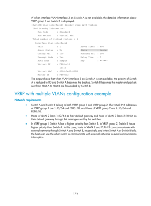 Page 2237 174 
# When interface VLAN-interface 3 on Switch A is not available, the detailed information about 
VRRP group 1 on Switch B is displayed. 
[SwitchB-Vlan-interface2] display vrrp ipv6 verbose 
 IPv6 Standby Information: 
     Run Mode       : Standard 
     Run Method     : Virtual MAC 
 Total number of virtual routers : 1 
   Interface Vlan-interface2 
     VRID           : 1               Adver Timer  : 400 
     Admin Status   : Up              State        : Master 
     Config Pri     : 100...