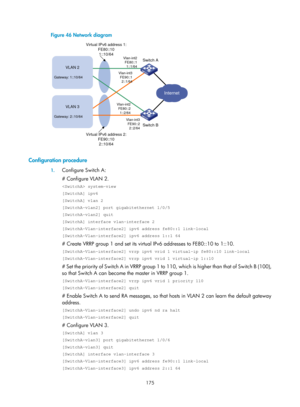 Page 2238 175 
Figure 46 Network diagram 
 
 
Configuration procedure 
1. Configure Switch A: 
# Configure VLAN 2. 
 system-view 
[SwitchA] ipv6 
[SwitchA] vlan 2 
[SwitchA-vlan2] port gigabitethernet 1/0/5 
[SwitchA-vlan2] quit 
[SwitchA] interface vlan-interface 2 
[SwitchA-Vlan-interface2] ipv6 address fe80::1 link-local 
[SwitchA-Vlan-interface2] ipv6 address 1::1 64 
# Create VRRP group 1 and set its virtual IPv6 addresses to FE80::10 to 1::10. 
[SwitchA-Vlan-interface2] vrrp ipv6 vrid 1 virtual-ip fe80::10...