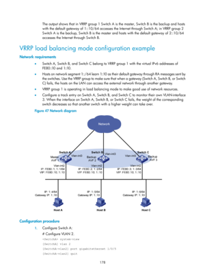 Page 2241 178 
The output shows that in VRRP group 1 Switch A is the master, Switch B is the backup and hosts 
with the default gateway of 1::10/64 accesses the Internet through Switch A; in VRRP group 2 
Switch A is the backup, Switch B is the master  and hosts with the default gateway of 2::10/64 
accesses the Internet through Switch B. 
VRRP load balancing mode configuration example 
Network requirements 
•   Switch A, Switch B, and Switch C belong to VRRP group 1 with the virtual IPv6 addresses of 
FE80::10...