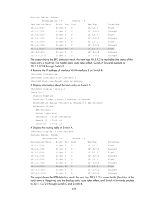 Page 2288 225 
Routing Tables: Public 
         Destinations : 9        Routes : 9 
Destination/Mask    Proto  Pre  Cost         NextHop         Interface 
10.2.1.0/24         Direct 0    0            10.2.1.1        Vlan2 
10.2.1.1/32         Direct 0    0            127.0.0.1       InLoop0 
10.3.1.0/24         Direct 0    0            10.3.1.1        Vlan3 
10.3.1.1/32         Direct 0    0            127.0.0.1       InLoop0 
20.1.1.0/24         Direct 0    0            20.1.1.1        Vlan5 
20.1.1.1/32...