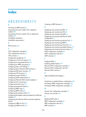 Page 2293 230 
Index 
A B C D E H I M R S T V  
A 
Activating an RRPP domain,67 
As

sociating the track module with a detection 
module, 202 
As

sociating the track module with an application 
module, 204 
A

vailability evaluation, 1 
A

vailability requirements, 1 
B 
BFD o

verview, 19 3 
C 
CFD c

onfiguration example, 29 
CFD conf

iguration task list, 20 
CFD o

verview, 16 
C

onfiguration guidelines, 19 2 
C

onfiguring a Smart Link device,10 0  
C

onfiguring an associated device,10 4  
C

onfiguring...