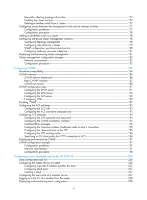 Page 2300 
vi  
Manually collecting to pology information ··················\
··················\
··················\
··················\
·············· ··················\
 177 
Enabling the cluster function ··················\
··················\
··················\
··················\
··················\
······· ··················\
··········· 177 
Deleting a member switch from a cluster  ··················\
··················\
··················\
··················\
··················\
················  177...