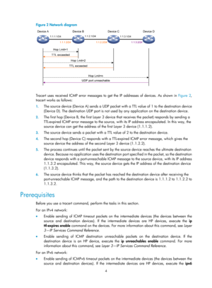 Page 2305 
4 
Figure 2  Network diagram 
 
 
Tracert uses received ICMP error messages to get the IP addresses of devices. As shown in Figure 2, 
tr
acert works as follows: 
1.  The source device (Device A) sends a UDP packet with a TTL value of 1 to the destination device 
(Device D). The destination UDP port is not used  by any application on the destination device. 
2. The first hop (Device B, the first Layer 3 device  that receives the packet) responds by sending a 
TTL-expired ICMP error message to the...