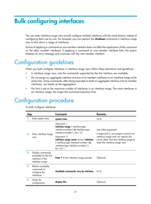 Page 232 21 
Bulk configuring interfaces 
You can enter interface range view to bulk configure multiple interfaces with the same feature instead of 
configuring them one by one. For example, you can perform the  shutdown command in interface range 
view to shut down a range of interfaces.  
Failure of applying a command on one member interface does not affect the application of the command 
on the other member interfaces. If applying a command on one member interface fails, the system 
displays an error message...
