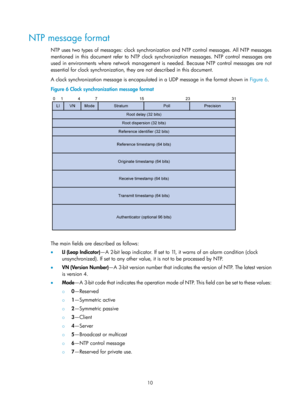 Page 2311 10 
NTP message format 
NTP uses two types of messages: clock synchronization and NTP control messages. All NTP messages 
mentioned in this document refer to NTP clock sy nchronization messages. NTP control messages are 
used in environments where network management is needed. Because NTP control messages are not 
essential for clock synchronization, they are not described in this document. 
A clock synchronization message is encapsulated in a UDP message in the format shown in  Figure 6. 
Figure 6...