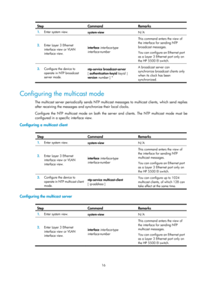 Page 2317 16 
Step Command Remarks 
1.  Enter system view. 
system-view  N/A 
2.  Enter Layer 3 Ethernet 
interface view or VLAN 
interface view.   interface
 interface-type 
interface-number   This command enters the view of 
the interface for sending NTP 
broadcast messages. 
You can configure an Ethernet port 
as a Layer 3 Ethernet port only on 
the HP 5500 EI switch. 
3.
  Configure the device to 
operate in NTP broadcast 
server mode.  ntp-service
 broadcast-server  
[ authentication-keyid  keyid  | 
version...