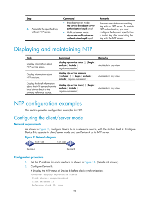 Page 2322 21 
Step Command Remarks 
6.  Associate the specified key 
with an NTP server. 
• Broadcast server mode: 
ntp-service  broadcast-server 
authentication-keyid  keyid  
• Multicast server  mode:  
ntp-service  multicast-server 
authentication-keyid  keyid   You can associate a non-existing 
key with an NTP server. To enable 
NTP authentication, you must 
configure the key and specify it as 
a trusted key after associating the 
key with the NTP server. 
 
Displaying and maintaining NTP 
 
Task Command...