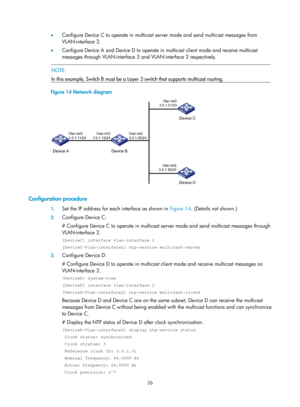 Page 2327 26 
•  Configure Device C to operate in multicast server mode and send multicast messages from 
VLAN-interface 2. 
•   Configure Device A and Device D to operate in multicast client mode and receive multicast 
messages through VLAN-interface 3 and VLAN-interface 2 respectively. 
 
  NOTE: 
In this example, Switch B must be a Layer 3 switch that supports multicast routing. 
 
Figure 14  Network diagram 
 
 
Configuration procedure 
1. Set the IP address for each interface as shown in  Figure 14. (Details...