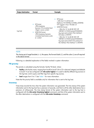 Page 2338 37 
Output destination Format Example 
Log host 
• HP format: 
timestamp 
Sysname %%vvmodule/level
/digest: source content 
• UNICOM format: 
timestamp Sysname 
vvmodule/level/serial_numb
er: content 
• HP format:  
Oct 9 14:59:04 201 
MyDevice %%10SHELL/5/SHELL_LOGIN(l):
VTY logged in from 192.168.1.21 
• UNICOM format: 
{  Oct 13 16:48:08 2011 HP 
10IFNET/2/210231a64jx073000020: 
log_type=port;content=Vlan-interface1 
link status is DOWN. 
{ Oct 13 16:48:08 2011 HP 
10IFNET/2/210231a64jx073000020:...