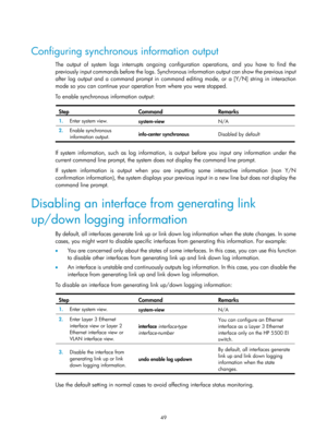 Page 2350 49 
 
Configuring synchronous information output 
The output of system logs interrupts ongoing configuration operations, and you have to find the 
previously input commands before the logs. Synchronous information output can show the previous input 
after log output and a command prompt in command editing mode, or a [Y/N] string in interaction 
mode so you can continue your operation from where you were stopped. 
To enable synchronous information output: 
 
Step Command Remarks 
1.   Enter system view....
