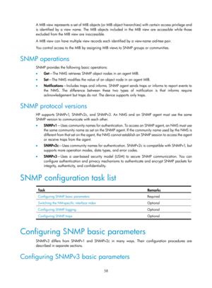 Page 2359 58 
A MIB view represents a set of MIB objects (or MIB object hierarchies) with certain access privilege and 
is identified by a view name. The MIB objects included in the MIB view are accessible while those 
excluded from the MIB view are inaccessible.  
A MIB view can have multiple view records each identified by a  view-name oid-tree pair. 
You control access to the MIB by assigning MIB views to SNMP groups or communities. 
SNMP operations 
SNMP provides the following basic operations: 
•   Get—The...