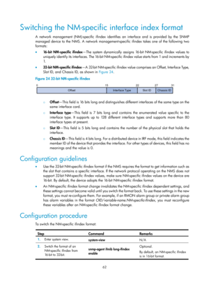 Page 2363 62 
Switching the NM-specific interface index format 
A network management (NM) -specific ifindex identifies an interface and is provided by the SNMP 
managed device to the NMS. A network management -specific ifindex takes one of the following two 
formats: 
•   16-bit NM-specific ifindex —The system dynamically assigns 16-bit NM-specific ifindex values to 
uniquely identify its interfaces. The 16-bit NM-specific ifindex value starts from 1 and increments by 
1.  
•   32-bit NM-specific ifindex —A...